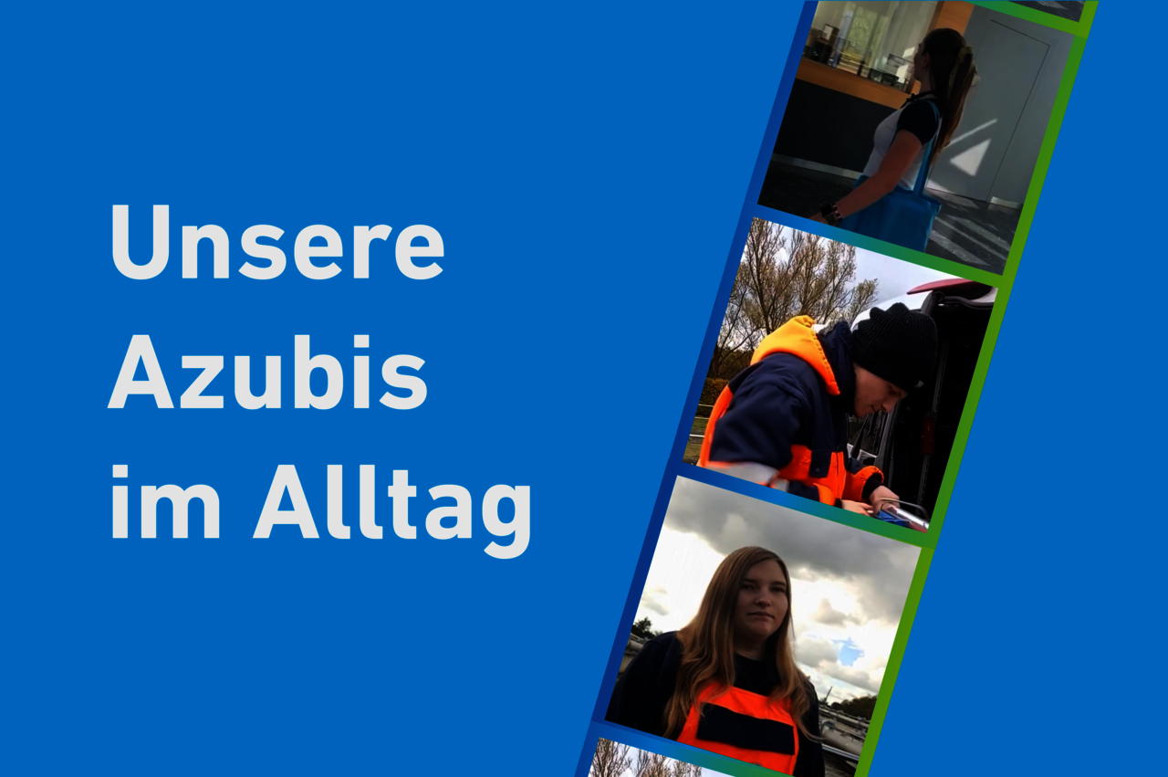 Filmstreifen mit Bildern aus den Azubivideos. Daneben steht "Unsere Azubis im Alltag".