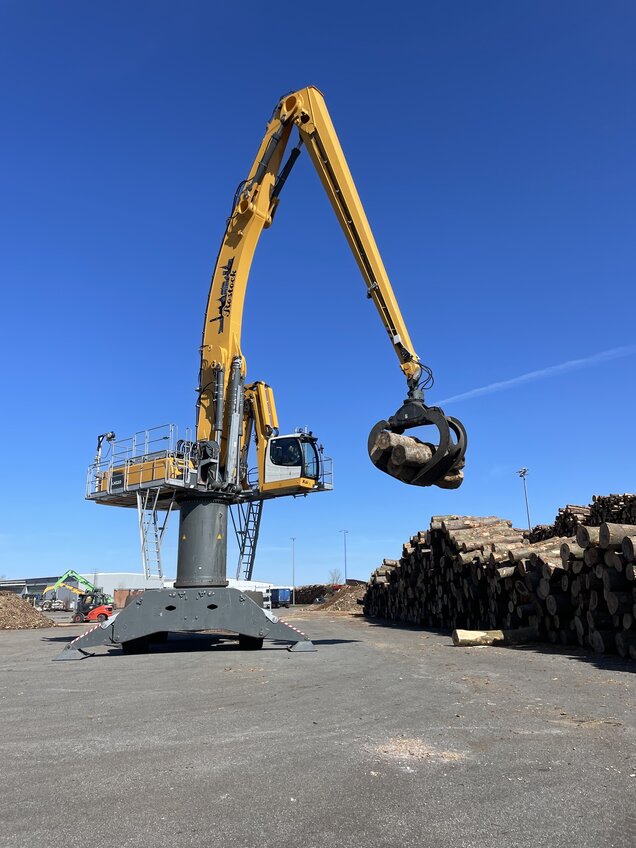 Materialumschlagbagger hebt Holzstämme von einem Stapel
